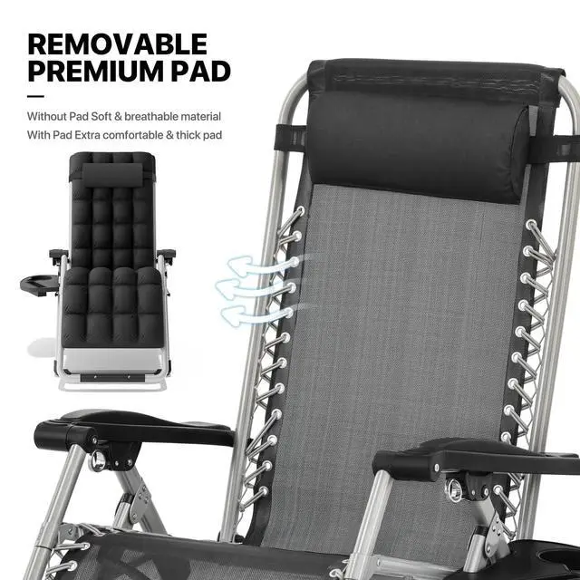 Alt view image 5 of 7 - Reinforced Zero Gravity Chair, Folding Pool Beach Lounger, Portable Tanning Chaise with Cushion, Headrest and Side Tray, 330lbs Capacity - Black