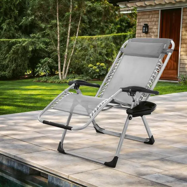 Alt view image 2 of 7 - Beach Chaise Lounge Chair, Patio Folding Recliner with Removable Cushion, Headrest & Tray, Portable Tanning Sunbathing Chair for Poolside Beach Porch Yard, Reinforced Bar, 330lbs Grey