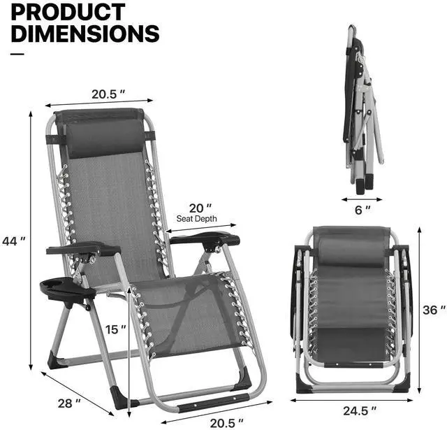 Alt view image 3 of 7 - Beach Chaise Lounge Chair, Patio Folding Recliner with Removable Cushion, Headrest & Tray, Portable Tanning Sunbathing Chair for Poolside Beach Porch Yard, Reinforced Bar, 330lbs Grey