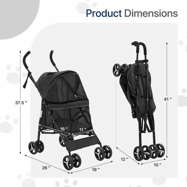 Alt view image 2 of 7 - 4 Wheels Pet Stroller, Lightweight Easy-Fold Puppy Jogger Stroller with Visible Mesh & Rear Storage for Small/Medium Dogs up to 22 lbs, Perfect for Walks, Travel, Black