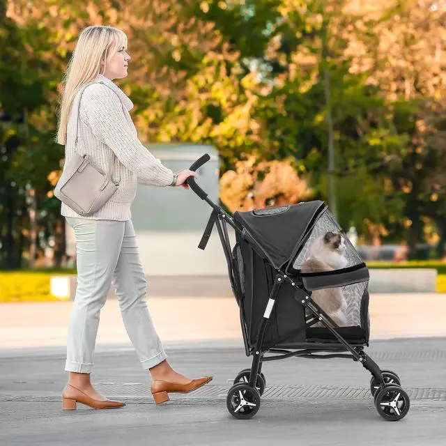 Alt view image 3 of 7 - 4 Wheels Pet Stroller, Lightweight Easy-Fold Puppy Jogger Stroller with Visible Mesh & Rear Storage for Small/Medium Dogs up to 22 lbs, Perfect for Walks, Travel, Black