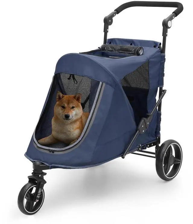 Main image of Pet Stroller for Large Dogs, Adjustable Multi-Position Handle, Rubber Wheels, Dual Entry and Locking Rear Wheels, 3-Wheel Folding Pet Wagon for Pets up to 55 lbs, Navy Blue