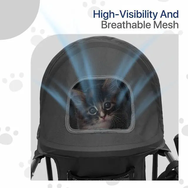 Alt view image 5 of 7 - 4 Wheels Pet Stroller, Lightweight Easy-Fold Puppy Jogger Stroller with Visible Mesh & Rear Storage for Small/Medium Dogs up to 22 lbs, Perfect for Walks, Travel, Black