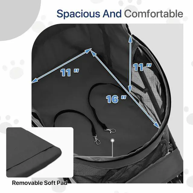Alt view image 6 of 7 - 4 Wheels Pet Stroller, Lightweight Easy-Fold Puppy Jogger Stroller with Visible Mesh & Rear Storage for Small/Medium Dogs up to 22 lbs, Perfect for Walks, Travel, Black