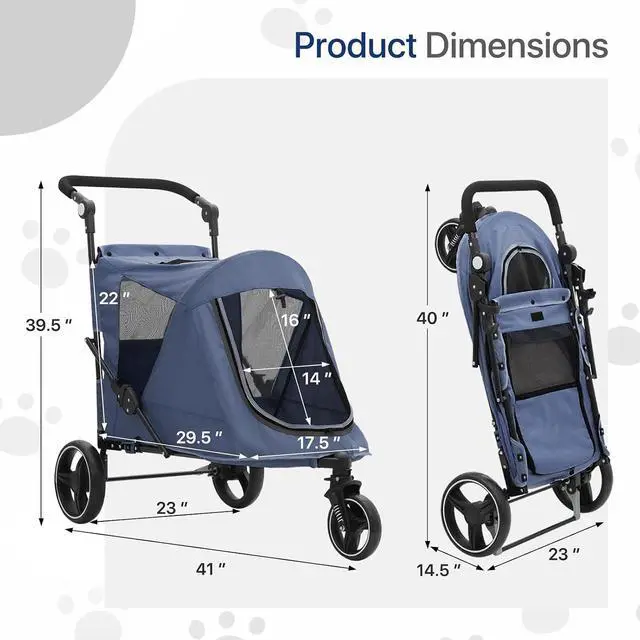 Alt view image 2 of 7 - Pet Stroller for Large Dogs, Adjustable Multi-Position Handle, Rubber Wheels, Dual Entry and Locking Rear Wheels, 3-Wheel Folding Pet Wagon for Pets up to 55 lbs, Navy Blue