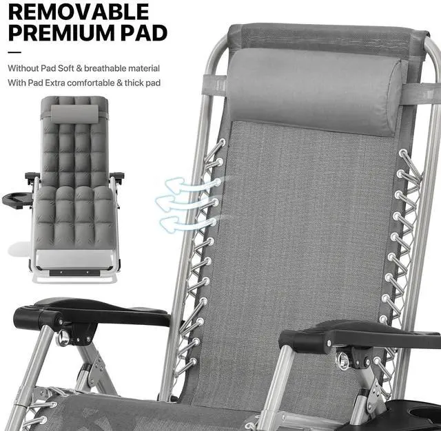 Alt view image 4 of 7 - Beach Chaise Lounge Chair, Patio Folding Recliner with Removable Cushion, Headrest & Tray, Portable Tanning Sunbathing Chair for Poolside Beach Porch Yard, Reinforced Bar, 330lbs Grey