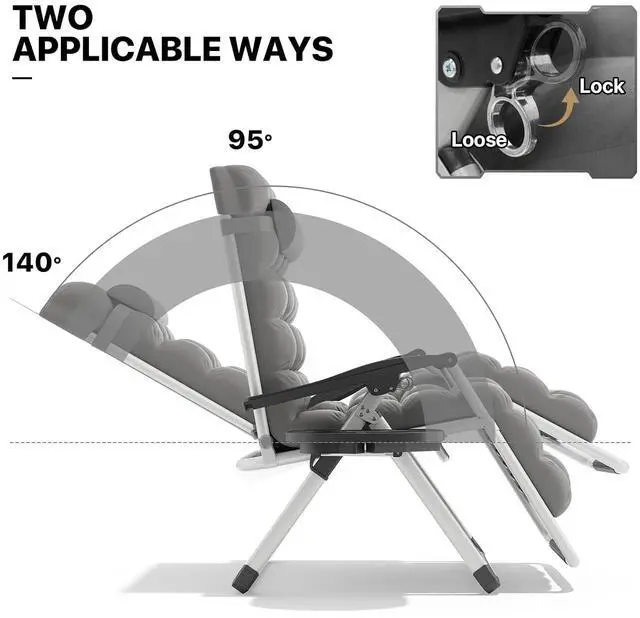 Alt view image 5 of 7 - Beach Chaise Lounge Chair, Patio Folding Recliner with Removable Cushion, Headrest & Tray, Portable Tanning Sunbathing Chair for Poolside Beach Porch Yard, Reinforced Bar, 330lbs Grey