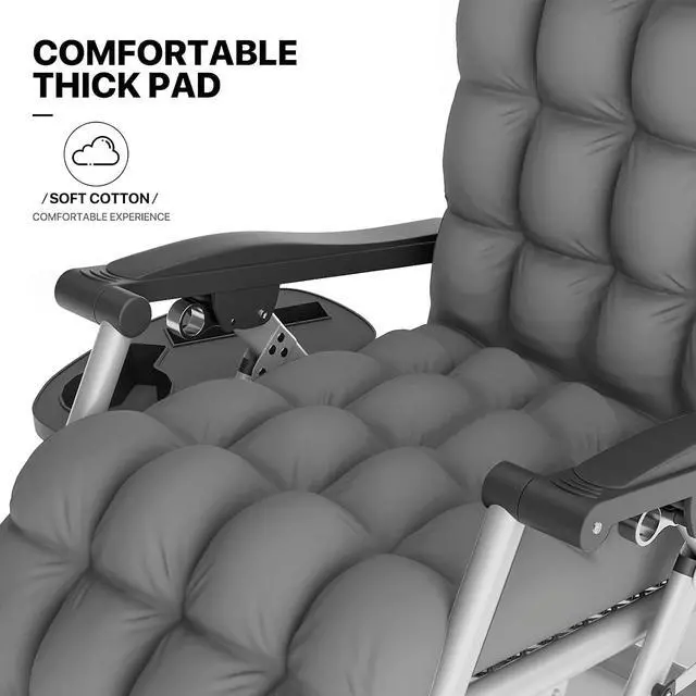Alt view image 6 of 7 - Beach Chaise Lounge Chair, Patio Folding Recliner with Removable Cushion, Headrest & Tray, Portable Tanning Sunbathing Chair for Poolside Beach Porch Yard, Reinforced Bar, 330lbs Grey