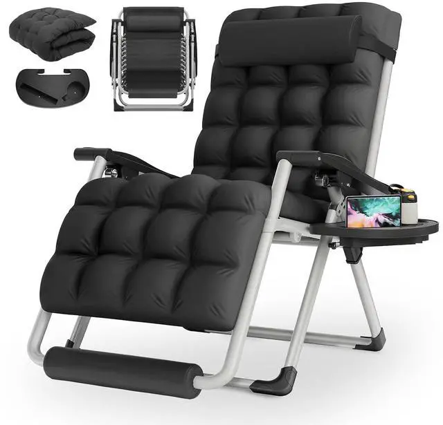 Main image of 29-Inch Oversized Zero Gravity Lounge Chair with Cushion, Padded Patio Anti Gravity Recliner, XL Foldable Outdoor Lounger, Headrest and Footrest for Beach Camping, Black