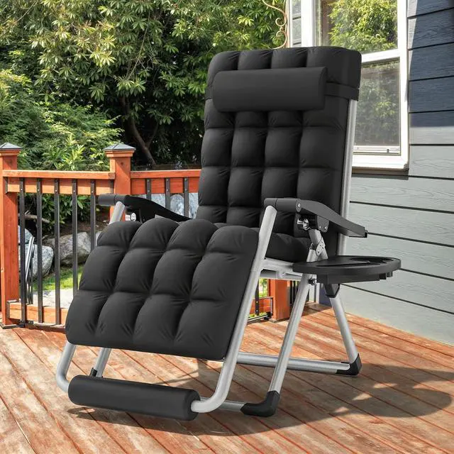 Alt view image 2 of 7 - 29-Inch Oversized Zero Gravity Lounge Chair with Cushion, Padded Patio Anti Gravity Recliner, XL Foldable Outdoor Lounger, Headrest and Footrest for Beach Camping, Black