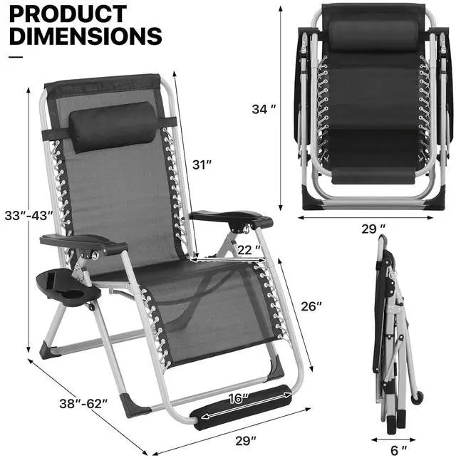 Alt view image 3 of 7 - 29-Inch Oversized Zero Gravity Lounge Chair with Cushion, Padded Patio Anti Gravity Recliner, XL Foldable Outdoor Lounger, Headrest and Footrest for Beach Camping, Black