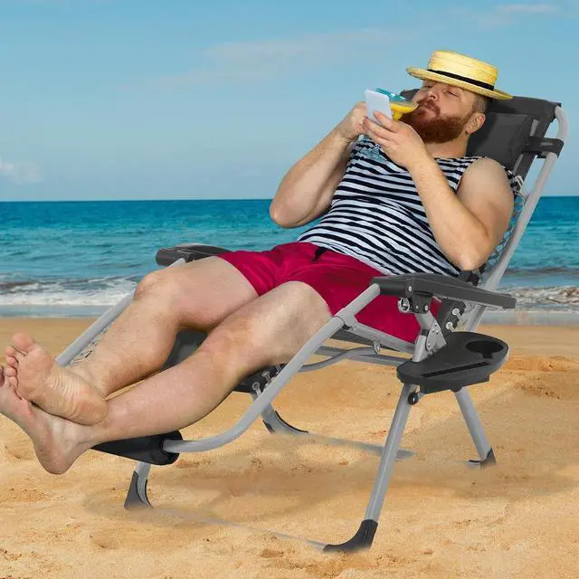 Alt view image 5 of 7 - 29-Inch Oversized Zero Gravity Lounge Chair with Cushion, Padded Patio Anti Gravity Recliner, XL Foldable Outdoor Lounger, Headrest and Footrest for Beach Camping, Black