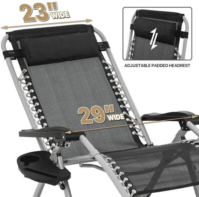 Alt view image 6 of 7 - 29-Inch Oversized Zero Gravity Lounge Chair with Cushion, Padded Patio Anti Gravity Recliner, XL Foldable Outdoor Lounger, Headrest and Footrest for Beach Camping, Black