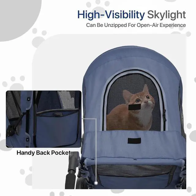 Alt view image 4 of 7 - Pet Stroller for Large Dogs, Adjustable Multi-Position Handle, Rubber Wheels, Dual Entry and Locking Rear Wheels, 3-Wheel Folding Pet Wagon for Pets up to 55 lbs, Navy Blue