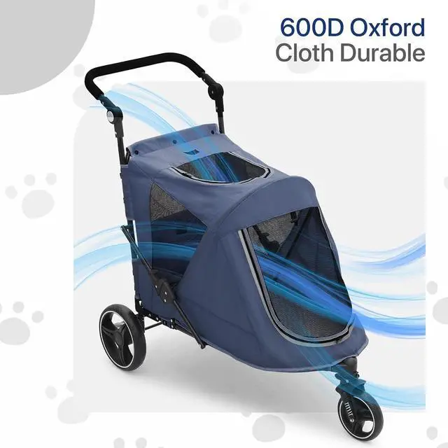 Alt view image 6 of 7 - Pet Stroller for Large Dogs, Adjustable Multi-Position Handle, Rubber Wheels, Dual Entry and Locking Rear Wheels, 3-Wheel Folding Pet Wagon for Pets up to 55 lbs, Navy Blue