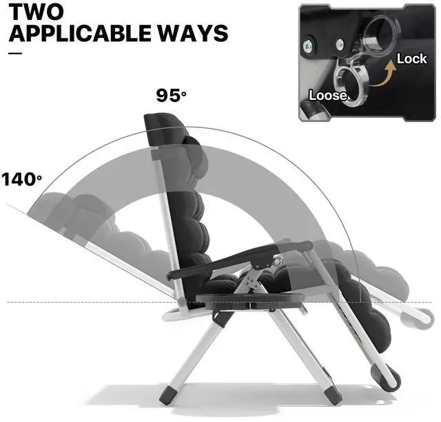 Alt view image 7 of 7 - 29-Inch Oversized Zero Gravity Lounge Chair with Cushion, Padded Patio Anti Gravity Recliner, XL Foldable Outdoor Lounger, Headrest and Footrest for Beach Camping, Black