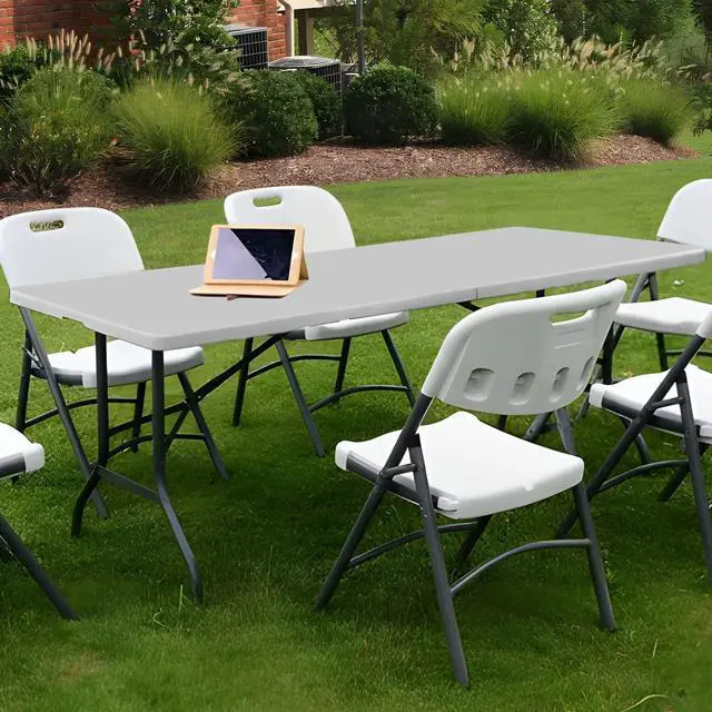 Alt view image 2 of 7 - 6Ft Folding Table, Heavy Duty Portable Plastic Dining Tables Fold in Half Indoor Outdoor Desk w/Handle, Lock for Camping Picnic Party, Gray