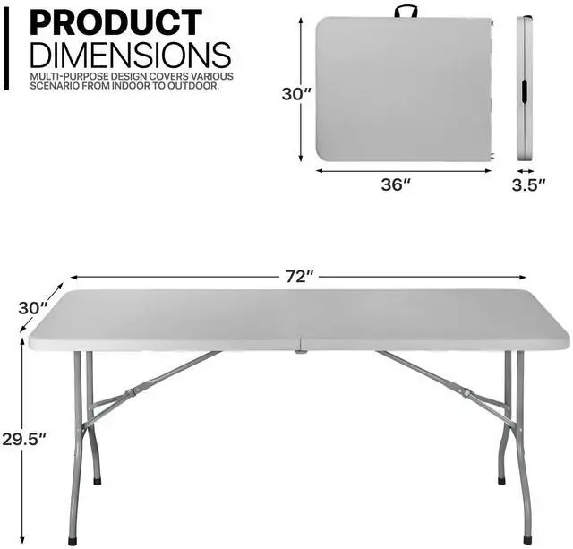 Alt view image 3 of 7 - 6Ft Folding Table, Heavy Duty Portable Plastic Dining Tables Fold in Half Indoor Outdoor Desk w/Handle, Lock for Camping Picnic Party, Gray