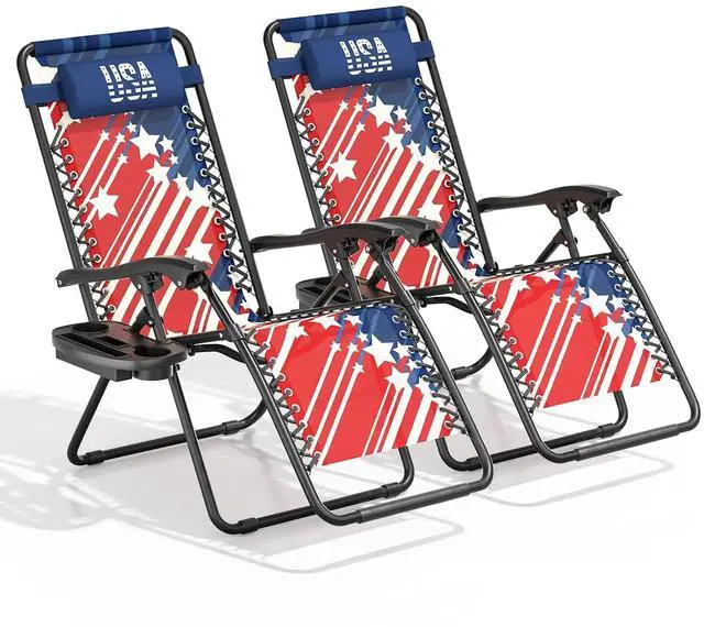 Alt view image 3 of 7 - Zero Gravity Lounge Chair Set of 2, 25" Wide Adjustable Folding Outdoor Recliner for World Cup 2026, 95160° Recline, 330LBS Capacity with Pillow and Cup Holder, Striped Star-Inspired Design
