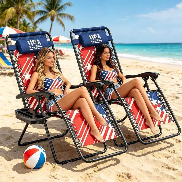 Alt view image 7 of 7 - Zero Gravity Lounge Chair Set of 2, 25" Wide Adjustable Folding Outdoor Recliner for World Cup 2026, 95160° Recline, 330LBS Capacity with Pillow and Cup Holder, Striped Star-Inspired Design