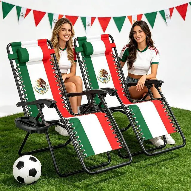 Main image of Zero Gravity Lounge Chair Set of 2, 25" Wide Adjustable Folding Outdoor Recliner, 95160° Recline, 330LBS Capacity with Pillow and Cup Holder, Classic Tricolor Geometric Design