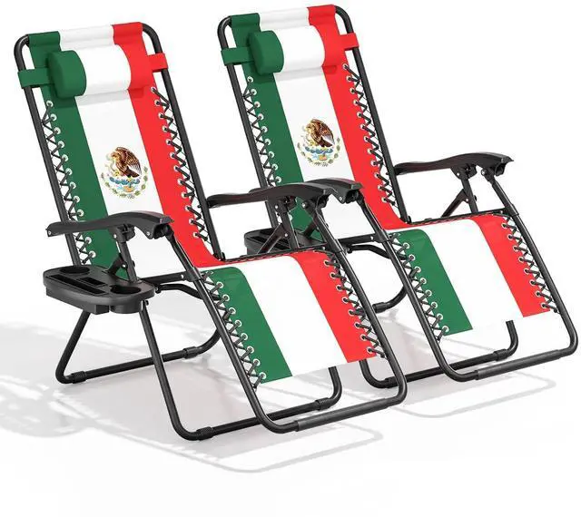 Alt view image 3 of 7 - Zero Gravity Lounge Chair Set of 2, 25" Wide Adjustable Folding Outdoor Recliner, 95160° Recline, 330LBS Capacity with Pillow and Cup Holder, Classic Tricolor Geometric Design