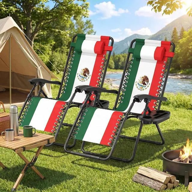 Alt view image 7 of 7 - Zero Gravity Lounge Chair Set of 2, 25" Wide Adjustable Folding Outdoor Recliner, 95160° Recline, 330LBS Capacity with Pillow and Cup Holder, Classic Tricolor Geometric Design