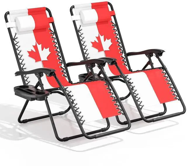Alt view image 3 of 7 - Zero Gravity Lounge Chair Set of 2, 25" Wide Adjustable Folding Outdoor Recliner, 95160° Recline, 330LBS Capacity with Pillow and Cup Holder, Maple Leaf Inspired Design