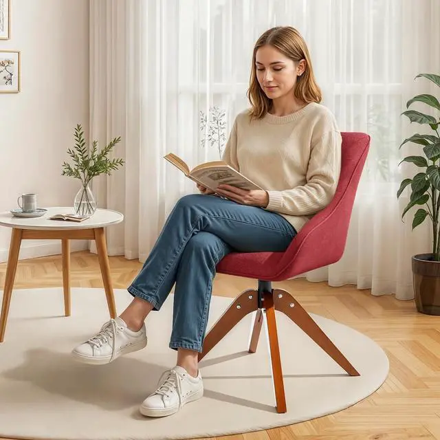 Alt view image 3 of 7 - Swivel Accent Chair, Mid Century Modern Armchair with Solid Wood Legs, Home Office Desk Chair No Wheels for Office, Living Room, Bedroom, Red