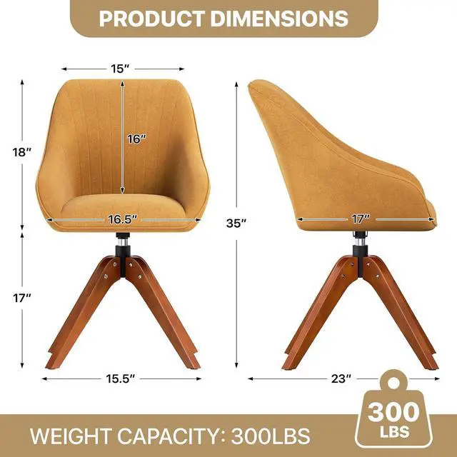 Alt view image 2 of 7 - Swivel Accent Chair Set of 2, Mid Century Modern Armchair with Solid Wood Legs, Home Office Desk Chair No Wheels for Office, Living Room, Bedroom, Yellow
