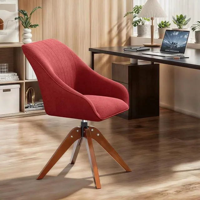 Alt view image 4 of 7 - Swivel Accent Chair, Mid Century Modern Armchair with Solid Wood Legs, Home Office Desk Chair No Wheels for Office, Living Room, Bedroom, Red