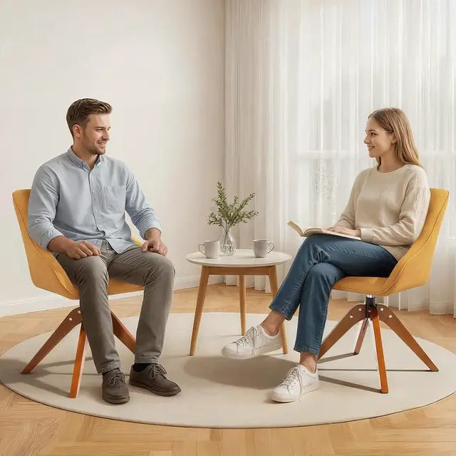 Alt view image 3 of 7 - Swivel Accent Chair Set of 2, Mid Century Modern Armchair with Solid Wood Legs, Home Office Desk Chair No Wheels for Office, Living Room, Bedroom, Yellow