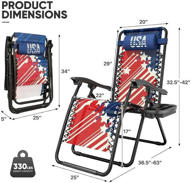 Alt view image 3 of 7 - Zero Gravity Lounge Chair, 25" Wide Adjustable Folding Outdoor Recliner for World Cup 2026, 95160° Recline, 330LBS Capacity with Pillow and Cup Holder, Striped Star-Inspired Design