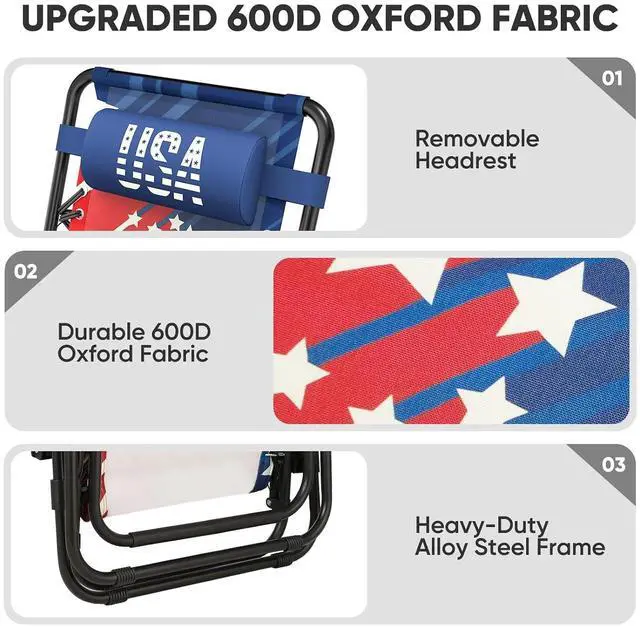 Alt view image 4 of 7 - Zero Gravity Lounge Chair, 25" Wide Adjustable Folding Outdoor Recliner for World Cup 2026, 95160° Recline, 330LBS Capacity with Pillow and Cup Holder, Striped Star-Inspired Design