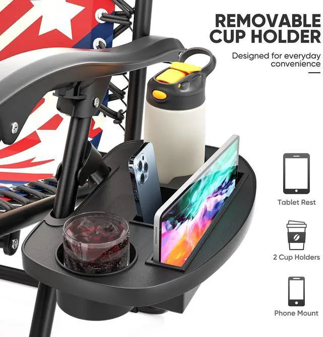 Alt view image 5 of 7 - Zero Gravity Lounge Chair, 25" Wide Adjustable Folding Outdoor Recliner for World Cup 2026, 95160° Recline, 330LBS Capacity with Pillow and Cup Holder, Striped Star-Inspired Design