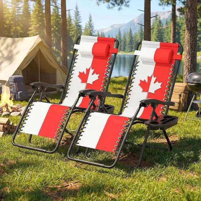 Alt view image 7 of 7 - Zero Gravity Lounge Chair Set of 2, 25" Wide Adjustable Folding Outdoor Recliner, 95160° Recline, 330LBS Capacity with Pillow and Cup Holder, Maple Leaf Inspired Design