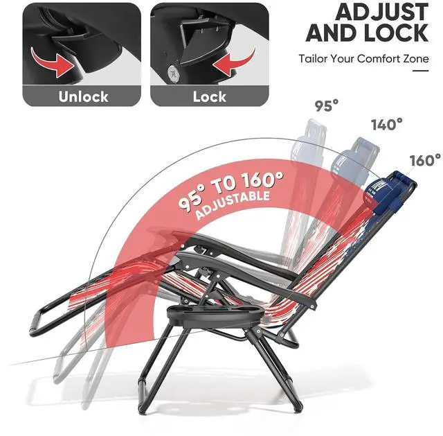 Alt view image 6 of 7 - Zero Gravity Lounge Chair, 25" Wide Adjustable Folding Outdoor Recliner for World Cup 2026, 95160° Recline, 330LBS Capacity with Pillow and Cup Holder, Striped Star-Inspired Design