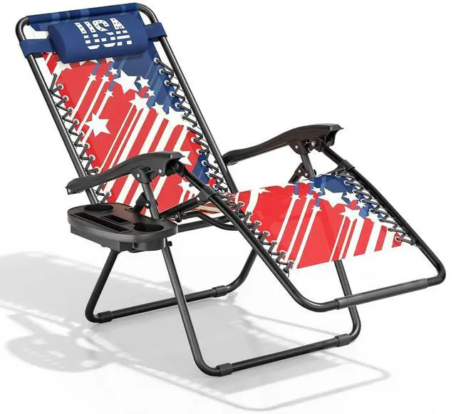 Main image of Zero Gravity Lounge Chair, 25" Wide Adjustable Folding Outdoor Recliner for World Cup 2026, 95160° Recline, 330LBS Capacity with Pillow and Cup Holder, Striped Star-Inspired Design