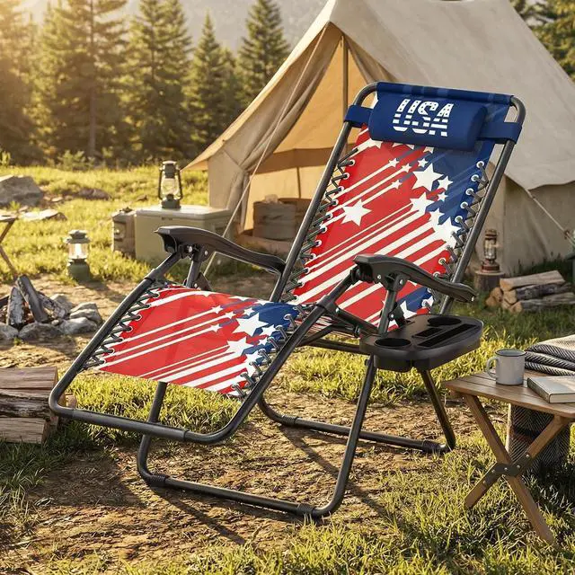 Alt view image 2 of 7 - Zero Gravity Lounge Chair, 25" Wide Adjustable Folding Outdoor Recliner for World Cup 2026, 95160° Recline, 330LBS Capacity with Pillow and Cup Holder, Striped Star-Inspired Design