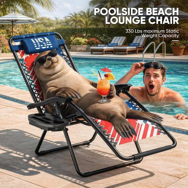 Alt view image 7 of 7 - Zero Gravity Lounge Chair, 25" Wide Adjustable Folding Outdoor Recliner for World Cup 2026, 95160° Recline, 330LBS Capacity with Pillow and Cup Holder, Striped Star-Inspired Design