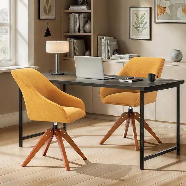 Alt view image 4 of 7 - Swivel Accent Chair Set of 2, Mid Century Modern Armchair with Solid Wood Legs, Home Office Desk Chair No Wheels for Office, Living Room, Bedroom, Yellow