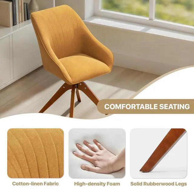 Alt view image 6 of 7 - Swivel Accent Chair Set of 2, Mid Century Modern Armchair with Solid Wood Legs, Home Office Desk Chair No Wheels for Office, Living Room, Bedroom, Yellow