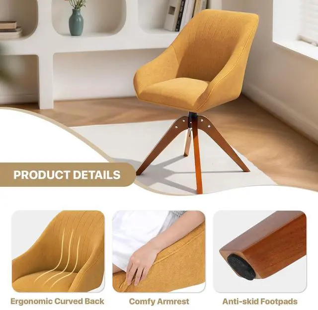Alt view image 7 of 7 - Swivel Accent Chair Set of 2, Mid Century Modern Armchair with Solid Wood Legs, Home Office Desk Chair No Wheels for Office, Living Room, Bedroom, Yellow