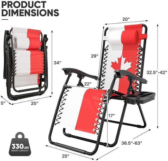 Alt view image 3 of 7 - Zero Gravity Lounge Chair, 25" Wide Adjustable Folding Outdoor Recliner, 95160° Recline, 330LBS Capacity with Pillow and Cup Holder, Maple Leaf Inspired Design