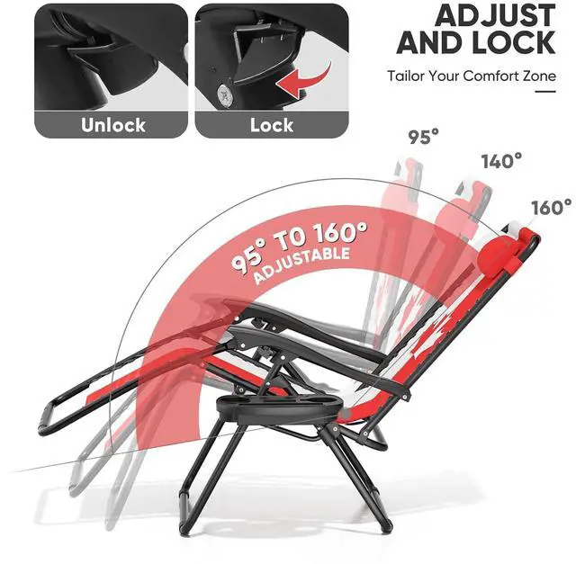 Alt view image 6 of 7 - Zero Gravity Lounge Chair, 25" Wide Adjustable Folding Outdoor Recliner, 95160° Recline, 330LBS Capacity with Pillow and Cup Holder, Maple Leaf Inspired Design