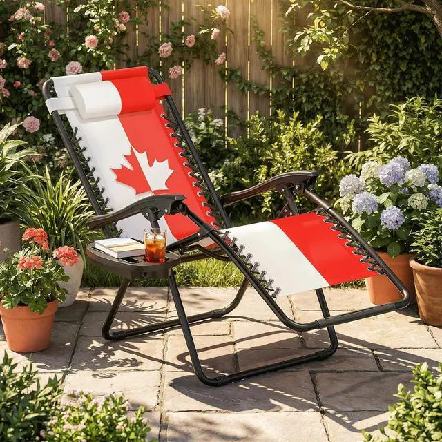 Alt view image 2 of 7 - Zero Gravity Lounge Chair, 25" Wide Adjustable Folding Outdoor Recliner, 95160° Recline, 330LBS Capacity with Pillow and Cup Holder, Maple Leaf Inspired Design