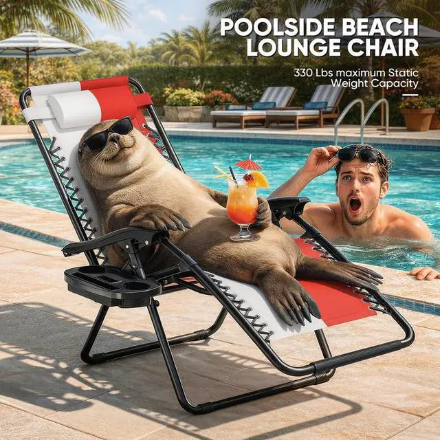 Alt view image 7 of 7 - Zero Gravity Lounge Chair, 25" Wide Adjustable Folding Outdoor Recliner, 95160° Recline, 330LBS Capacity with Pillow and Cup Holder, Maple Leaf Inspired Design