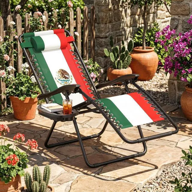 Alt view image 2 of 7 - Zero Gravity Lounge Chair, 25" Wide Adjustable Folding Outdoor Recliner, 95160° Recline, 330LBS Capacity with Pillow and Cup Holder, Classic Tricolor Geometric Design