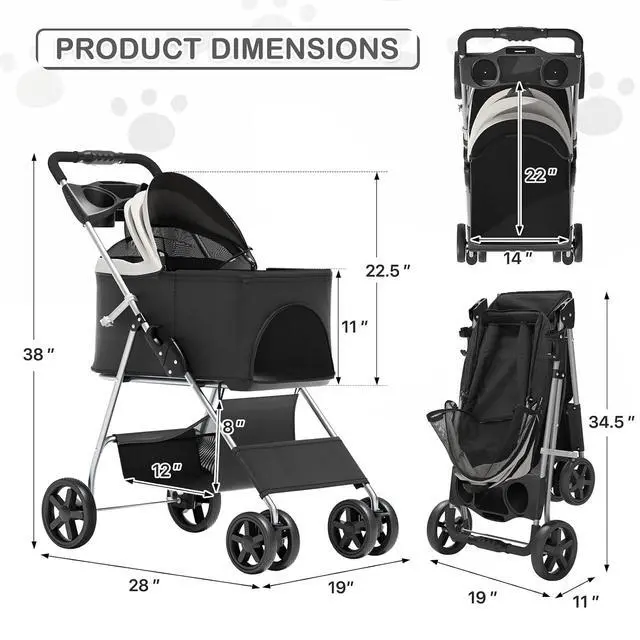 Alt view image 2 of 7 - 3 in 1 Foldable Pet Stroller for Small & Medium Dogs, Detachable Carrier, Car Seat, Push Button Entry, 4-Wheel Jogger for Pets up to 33 lbs, Black