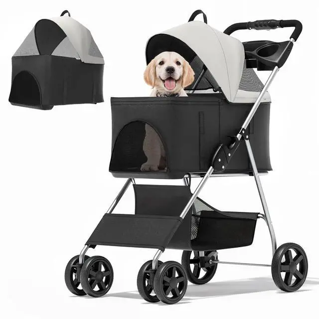 Main image of 3 in 1 Foldable Pet Stroller for Small & Medium Dogs, Detachable Carrier, Car Seat, Push Button Entry, 4-Wheel Jogger for Pets up to 33 lbs, Black